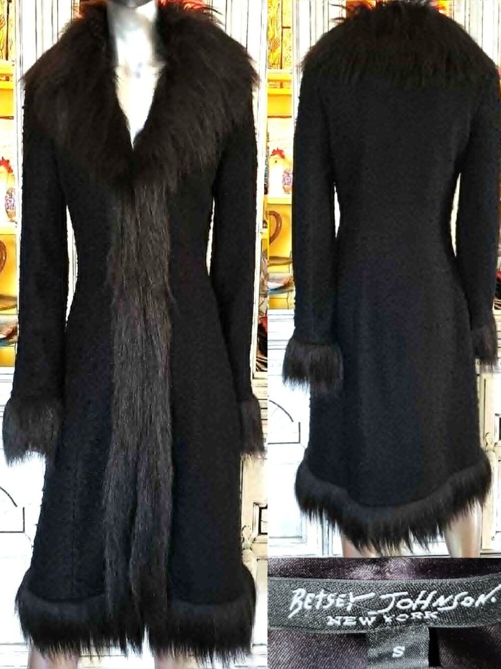Vintage Betsey Johnson New York 90s Black Faux Fur Long Midi Duster Coat Jacket